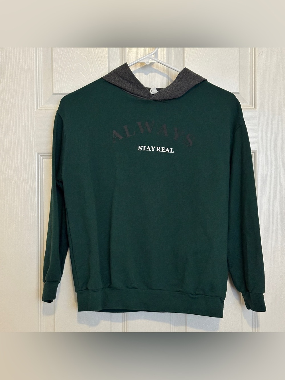 SHEIN Always Stay Real Dark Green Long Sleeve Shirt Gray Hood 11-12Y Preowned